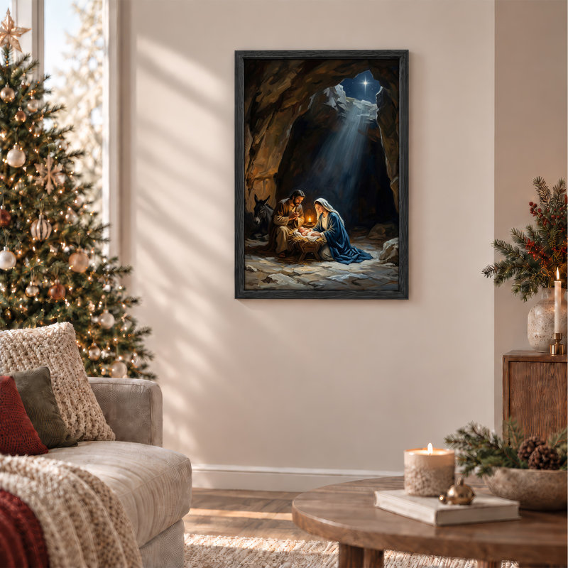 Crèche de Noël dans une grotte avec toile de Noël lumineuse, H 48 po x l 36 po
