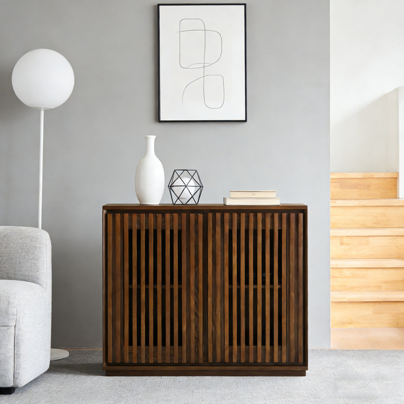 Mid Century Modern Walnut Fluted Hollow Sideboard Buffet Cabinet With 2 Outlet Holes, Storage For Living Room Kitchen