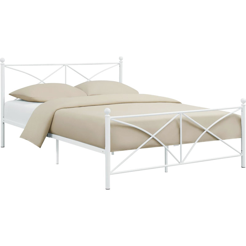 Grand lit en métal avec tête de lit élégante avec structure contemporaine blanche, Grand lit