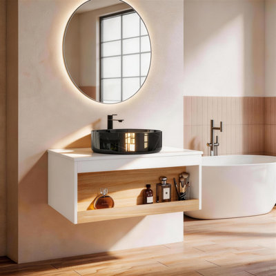 Ensemble de meuble-lavabo flottant moderne 30 po avec vasque en céramique et rangement ouvert Reagan