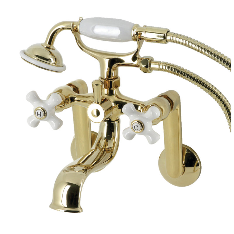Kingston Brass Kingston Three-Handle 2-Hole Tub Wall Mount Clawfoot Tub Faucet with Hand Shower, Polished Brass