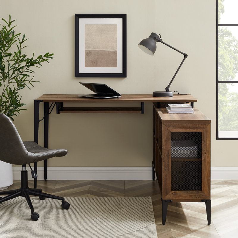 Onamia L-Shaped Metal Base Computer Desk, Rustic Oak
