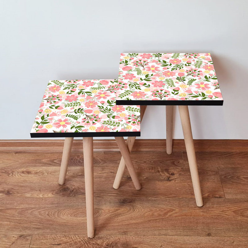 Modern Nesting Table Set (2 Pieces), Beech Wood Legs, 13.8 x 18.5 x 13.8 inches & 13.8 x 16.5 x 13.8 inches | 100% MDF with 0.7-inch Thickness | Stylish Floral Design for Living Room & Home Décor, Space-Saving Solution