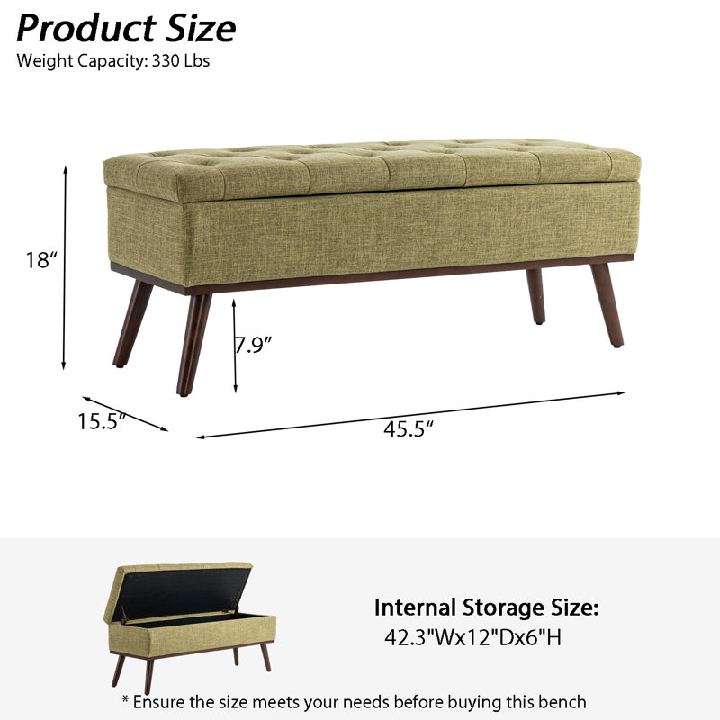 Delmy Mid Century Modern Storage Bench with Wood Base Tufted Ottoman, Green