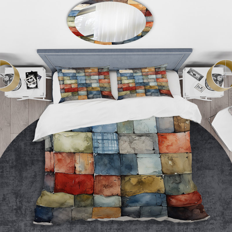 Colorful Earth Colors Tiles II - Ensemble de housse de couette à carreaux abstraits, Housse de couette pour lit simple