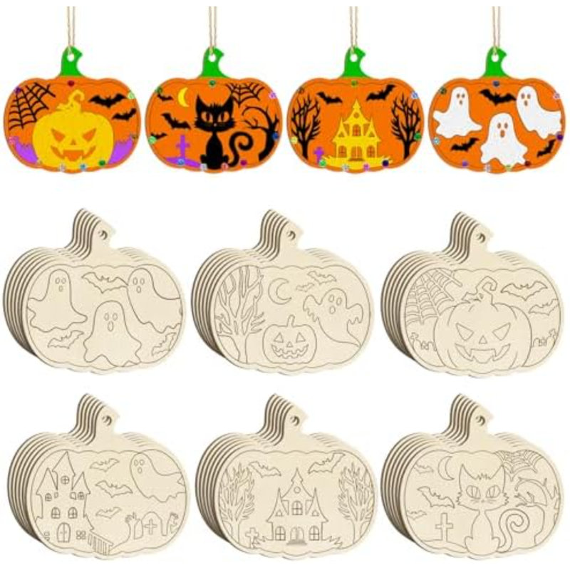 36 pièces d'ornements de citrouilles en bois à peindre pour Halloween, découpes de décoration de l'Action de grâce brutes 3,5 pouces