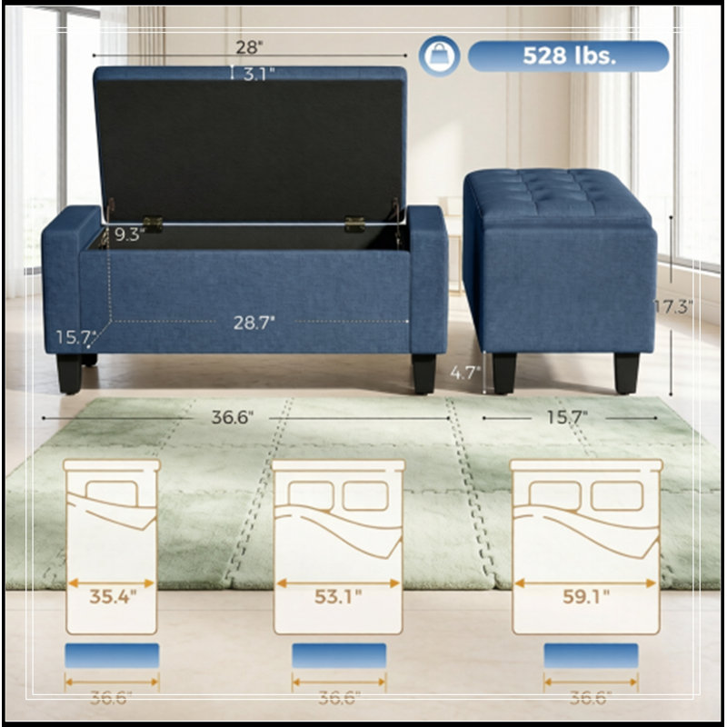 Rangement capitonné avec pieds en bois, Bleu
