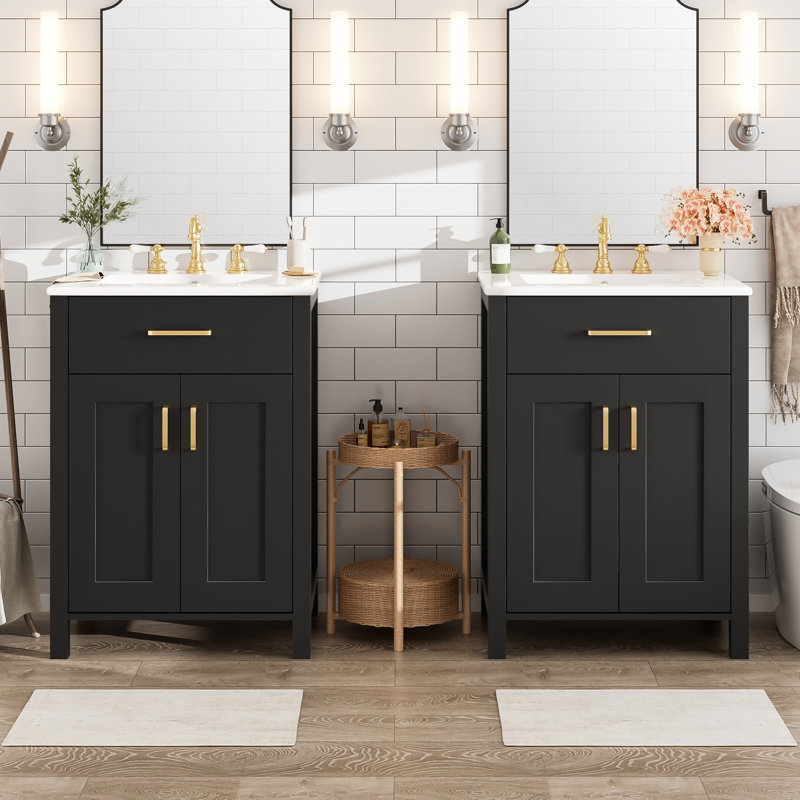 Meuble-lavabo moderne avec lavabo en céramique, 48 po, tiroir rabattable, solution de rangement élégante, Noir