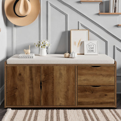 40" Entryway Shoe Storage Bench With Cushion Seating, 8 Pairs Rustic Wood Shoe Bench With Drawers and Adjustable Shelf
