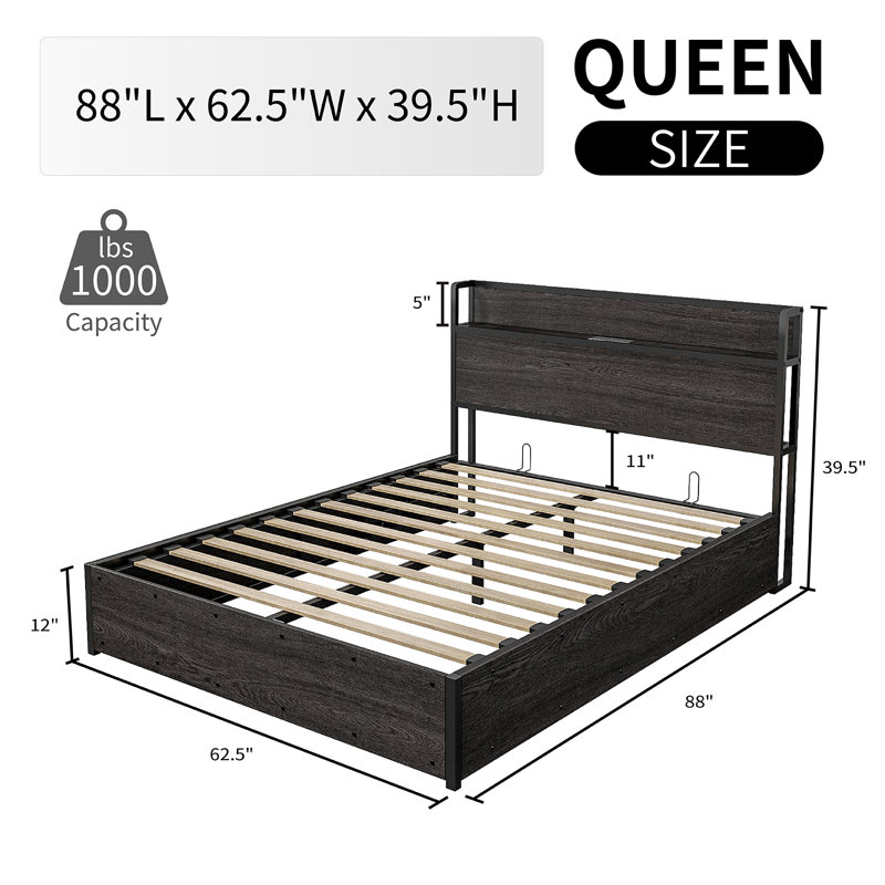 Lift Up Storage Wood Bed with Charging Station, Queen, Black, Queen, Black