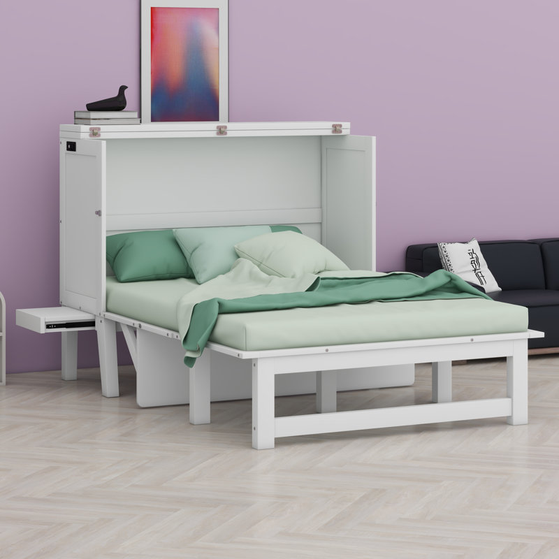 Lit escamotable avec port USB et tablettes amovibles de chaque côté, Blanc