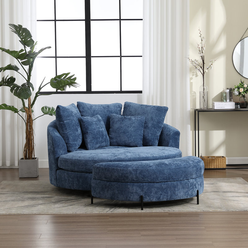 Fauteuil demi-tonneau rembourré avec repose-pieds, Chenille bleue