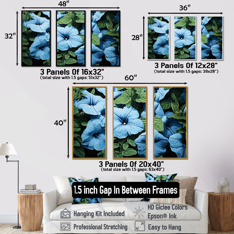 «Blue and White Morning Glory Garden Symphony 2 - Morning Glory», art mural, Cadre flottant doré, H 32 po x l 48 po x P 1 po