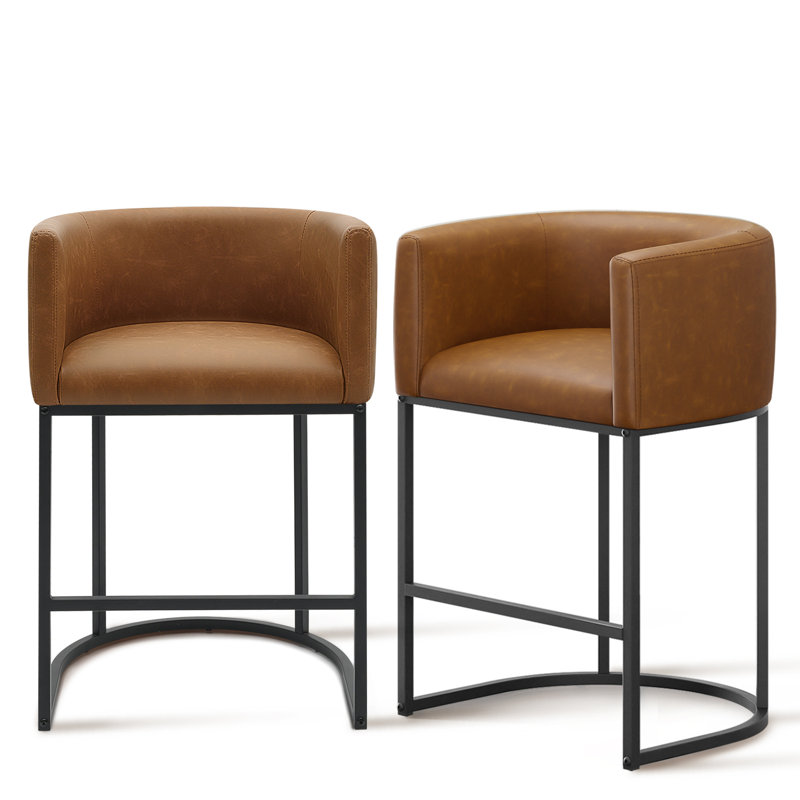 Mid-century Modern PU Leather Counter Stool Barrel Counter Height Stools Set of 2, Walnut