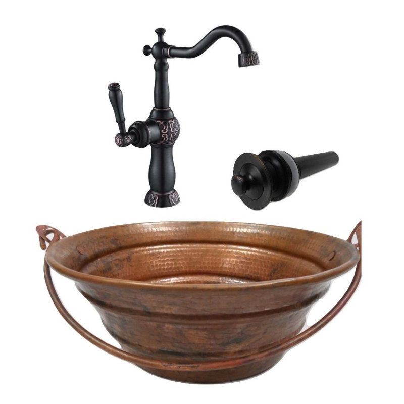 15" Round Natural Copper Vessel Bucket Sink Faucet & Drain Included