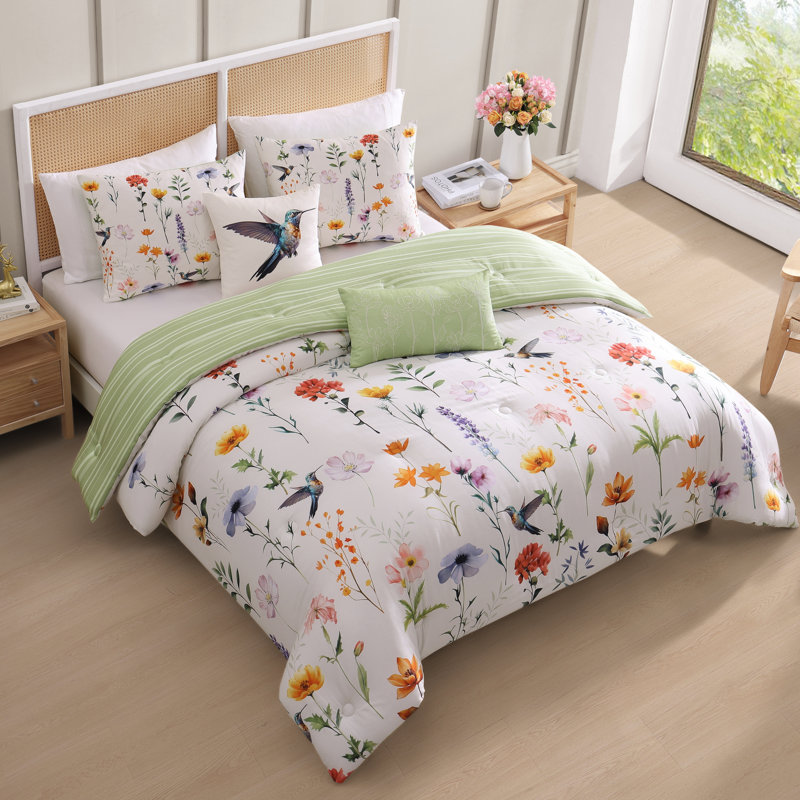 Bebejan Fresh Cut Flowers 100% Cotton Sateen 5 Piece Reversible Comforter set, Queen Comforter + 4 Additional Pieces
