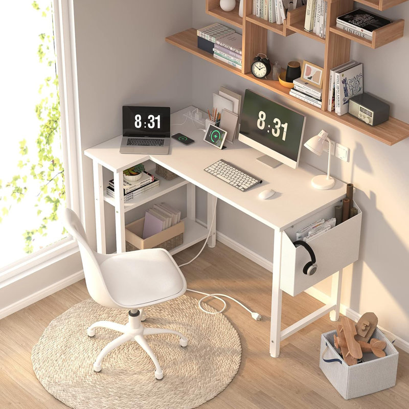 40 Inch White L Shaped Computer Desk: With Power Outlet Shelves, Reversible Corner Desk For Small Space Home Office