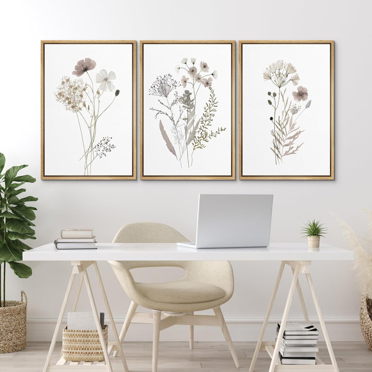 Wildflowers Floral & Botianical Neutral Minimlist Pictures Framed 3 Pieces Canvas Print Wall Art