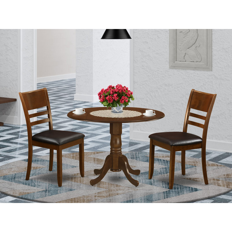3 Piece Kitchen Table Set for Small Spaces Contains a Round Dining Room Table with Dropleaf and 2 Faux Leather Upholstered Chairs, 42x42 Inch, Espresso