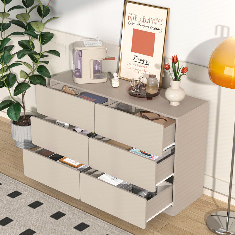 6-Drawer Storage Cabinet with Rounded Corners, Multi-Functional Sideboard Console Table, Light Gray