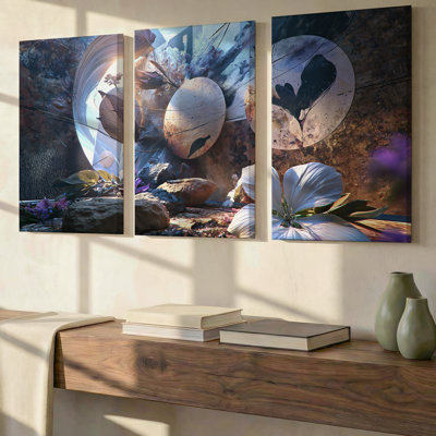 Ensemble exclusif de 3 toiles murales représentant des bungalows tropicaux sur pilotis avec une vue imprenable sur l'océan. Décor moderne idéal pour le salon, la chambre à coucher, le bureau et la maison.