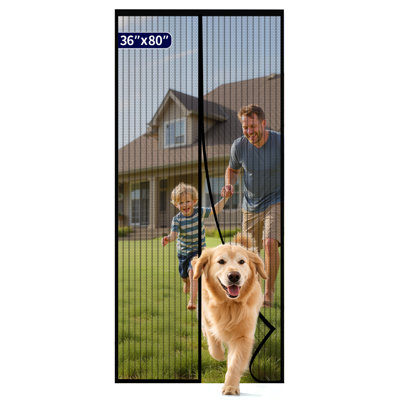 Magnetic Screen Door - 36.0 x 80.0'' Retractable Screen Door Mesh for Front Door or Sliding Door, Pet & Kid Friendly, Hands-Free Closure Keeps Bugs Out & Lets Breeze in, Stripe Black