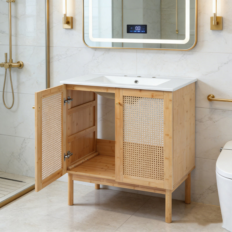 Meuble-lavabo avec lavabo, 2 portes et poignées en métal, Naturel