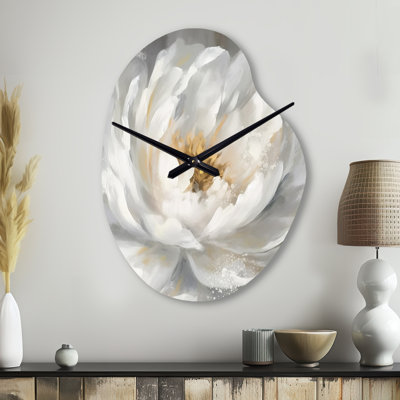 Pivoine blanche, art de pivoines - horloge asymétrique en métal, horloge murale moderne de forme irrégulière