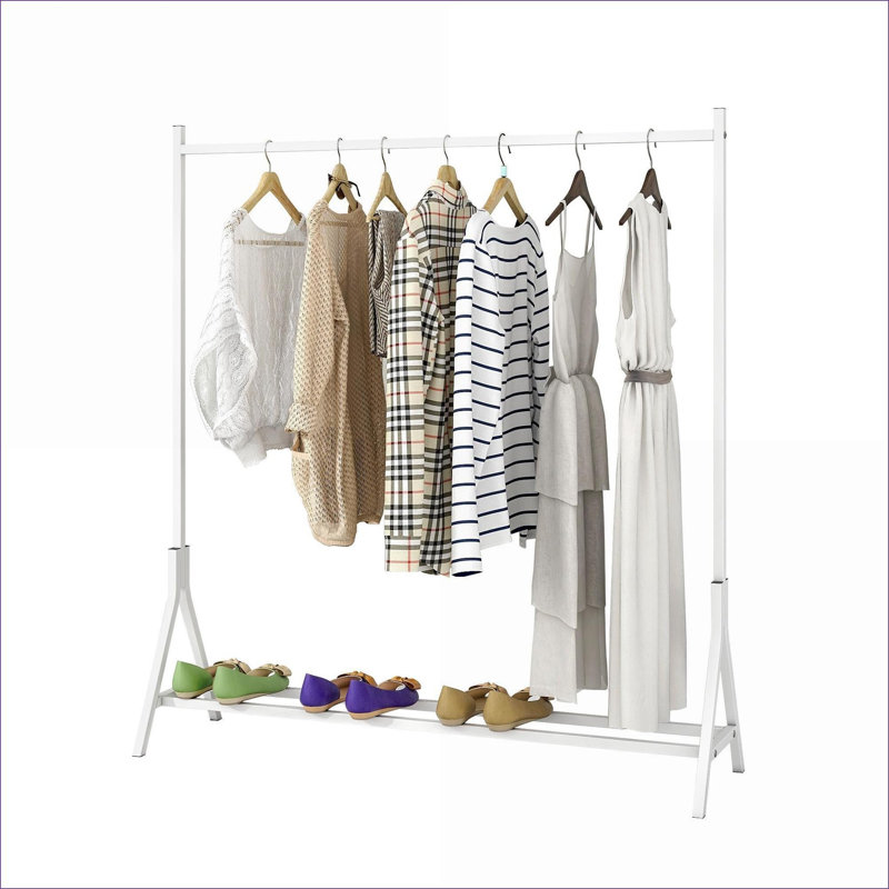 FlowLuxe Freestanding Multi-functional Pearl White Metal Single Pole Garment Rack, Space Saving Coat Rack for Bedroom Entryway