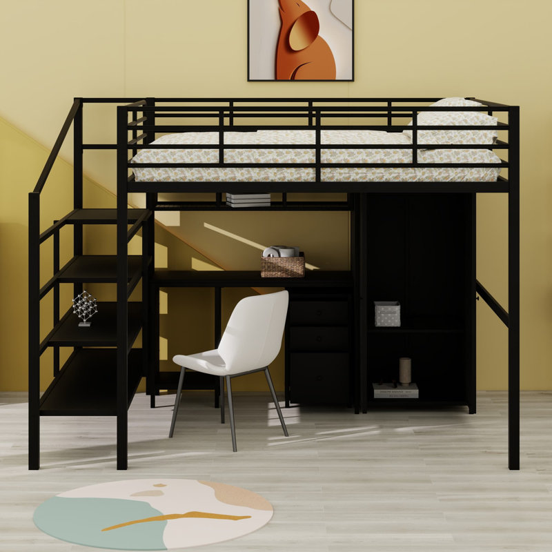 Lit mezzanine en métal avec ensemble de table et garde-robe