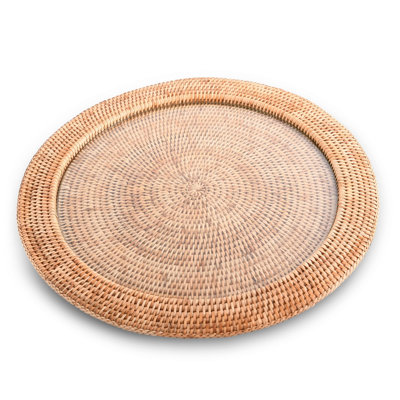 Plateau rond en rotin tressé à la main - Insert en verre