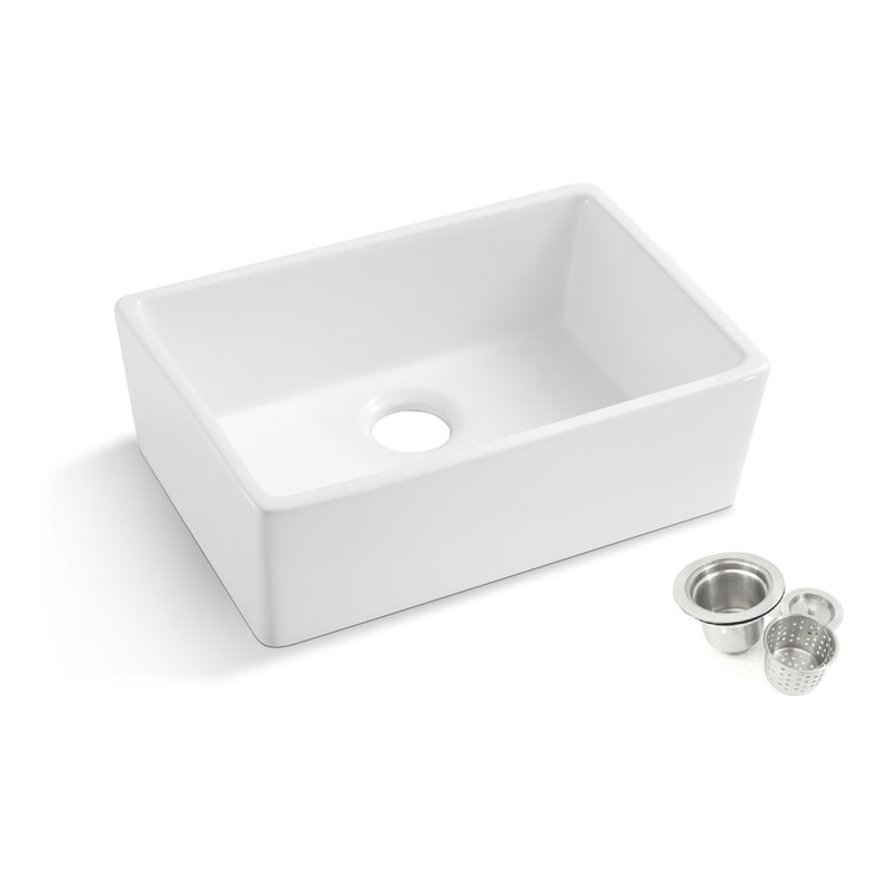 Durable 24" L x 16" W Ceramic Fireclay Apron Kitchen Sink with Basket Strainer