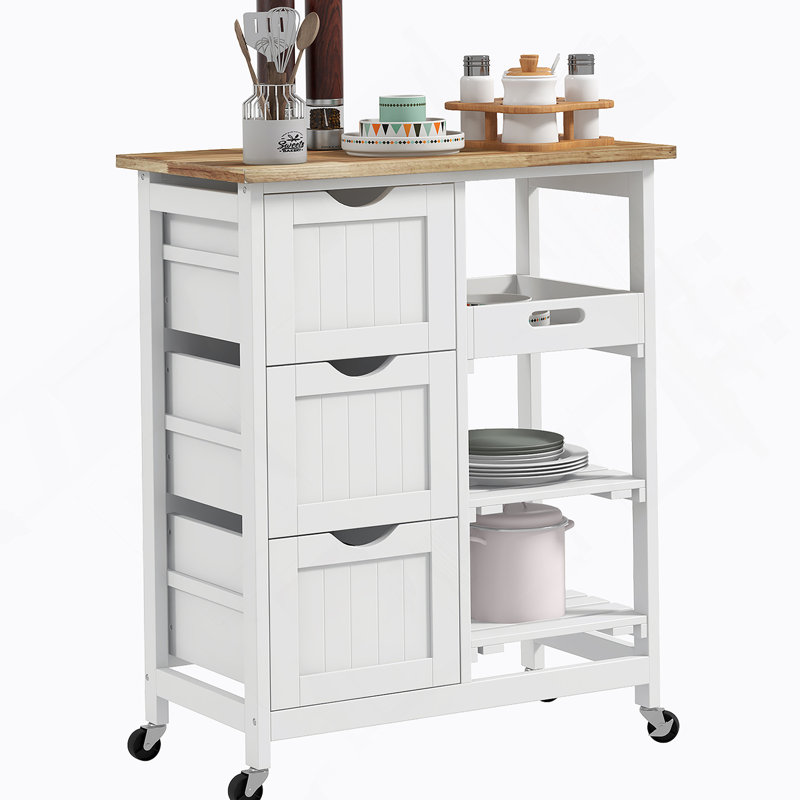Chariot roulant pour îlot de cuisine, chariot de service de bar avec tiroirs, Blanc