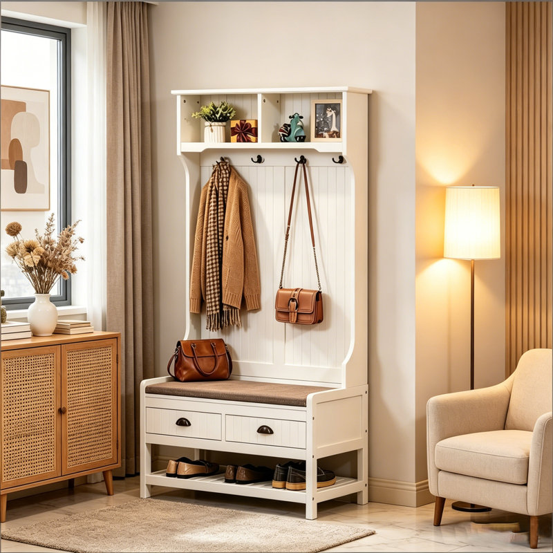 Multifunctional Design Entryway Hall Tree with Coat Rack, Storage Bench, and Hooks, Ideal for Organized Living.
