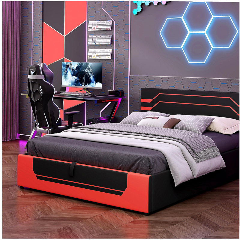 Structure de lit de jeu hydraulique moderne avec grand lit, design Esports avec esthétique Cyberpunk, lit plateforme pour les joueurs et les jeunes de la génération Z, noir et rouge