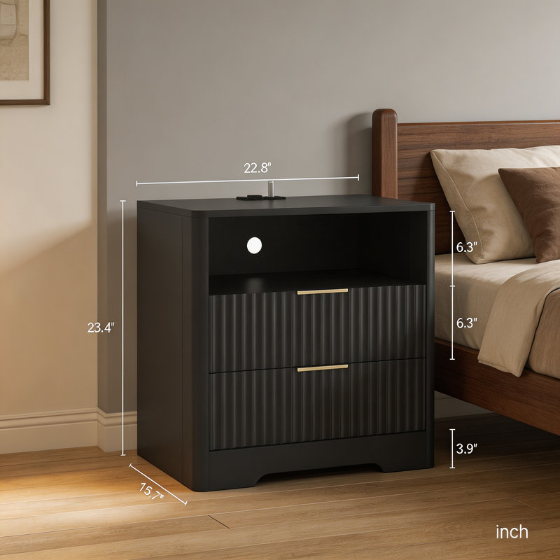 Table de chevet intelligente noire avec station de recharge intégrée et veilleuse, meuble de rangement multifonctionnel pour chambre à coucher