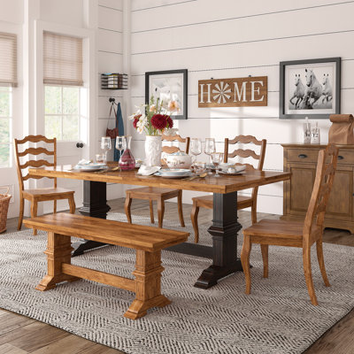 Greisofe 78" Solid Wood Oak Finish Top 6-Piece Dining Set With French Ladder Back Chairs And Bench