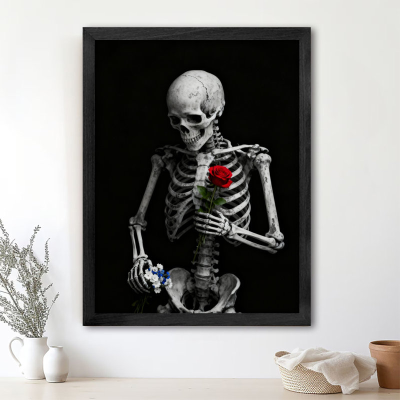 Art mural rétro noir squelette et rose encadré de style fantôme squelette foncé, H 11 po x l 9 po