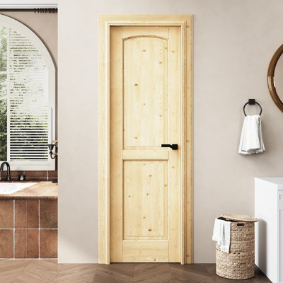 32" x 80" 2-Panel Prebuilt Natural Pine Wood Interior Door Slab, as Prehung Door or Barn Door or Pocket Door or French Door or Sliding Door Slab for Pantry, Laundry, Bedroom, Paintable & Waterproof, Door Panel w/o Borehole or Hinges