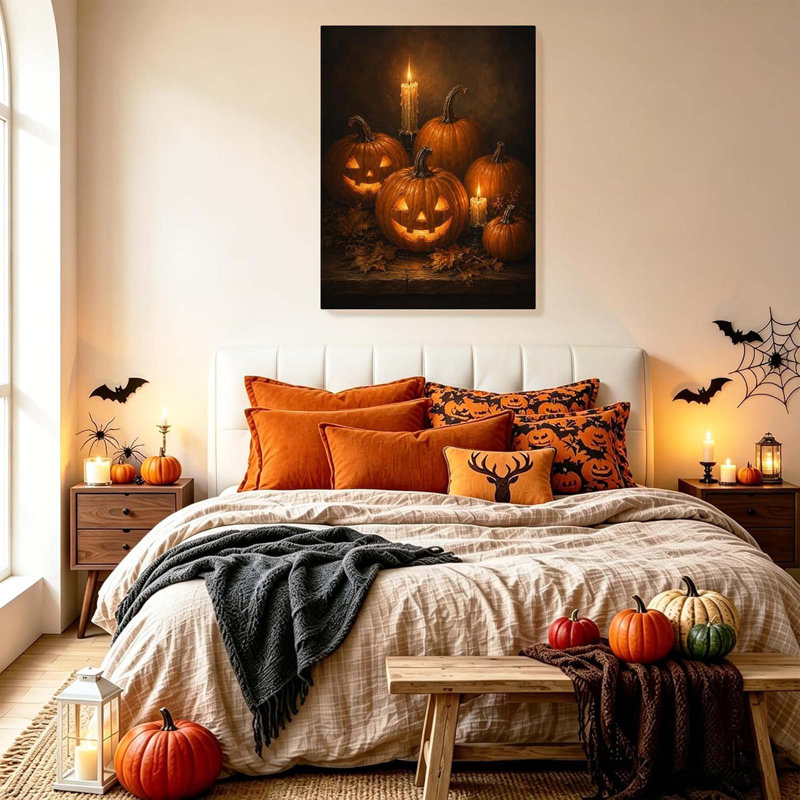 Halloween Canvas Wall Art, Pumpkins with Candles Fall Autumn Canvas Prints 30x40cm