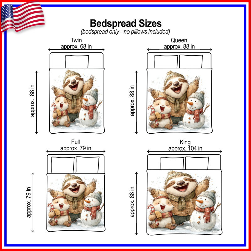 Cute Sloth Snowman Bedding Winter Bedspread Animals, Queen