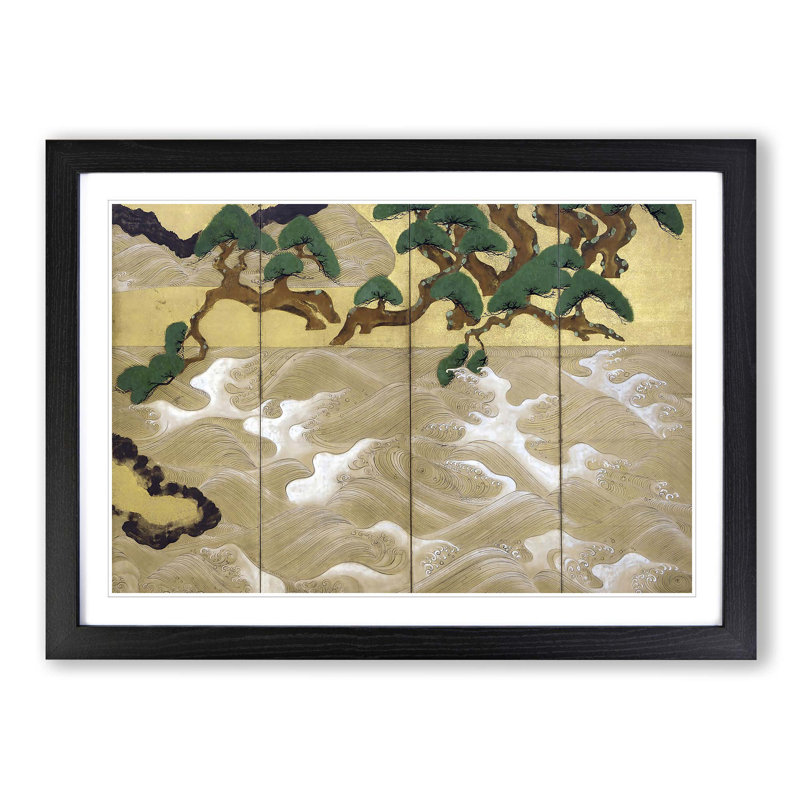 Waves at Matsushima by Tawaraya Sotatsu - Picture Frame Painting Print, Black Framed, 48cm H x 65cm W x 2cm D