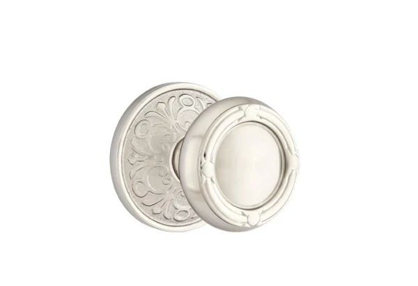 Ensemble de mortaise intérieure Emtek Passage avec rosette Lancaster et bouton ruban et roseau (droit), Nickel satiné