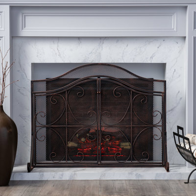 Modern Fireplace Accessory, Iron, Hinged Doors, 31.01" H X 43.25" W, Black Finish Sleek Screen, Iron With Fine Mesh, 2 Access Doors