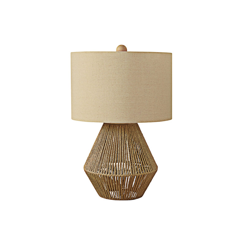 Lampe de table en corde de lin brun naturel avec abat-jour tambour beige, interrupteur à 3 voies et fleuron en bois