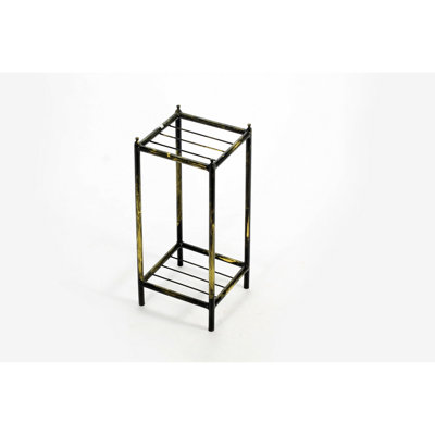 Small Square 2 Tier Plant Stand, 17" Gray Stone Slab, Black Gold Metal Cast, , Fade Chip Crack , Intricate 3 Clover Enhancement, 7.5"X7.5"X17 Slab Square, & Metal, To Crack, Accentuated Element, 7.5"