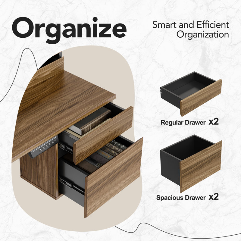 55” Height-Adjustable Standing Desk With 6 Drawers And Integrated Monitor Shelf, Walnut/Black