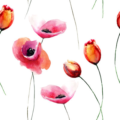 Quevillon " Tulips And Poppy Flowers " Painting Print