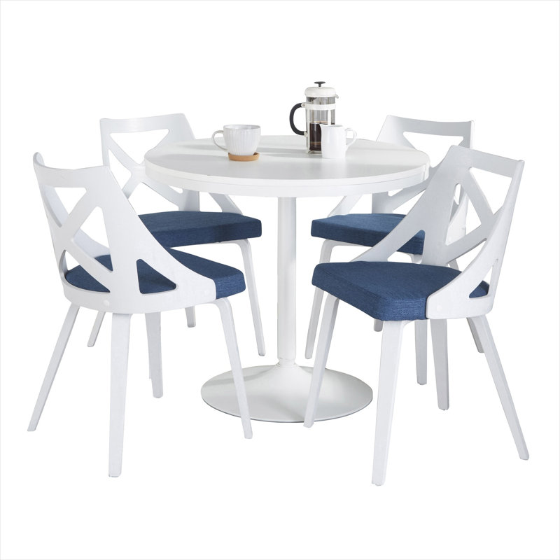Ensemble de salle à manger 5 pièces avec chaises rembourrées en tissu, plateau en bois massif, sièges bleu doux, structure en acier blanc, table carrée de 36 pouces pour quatre