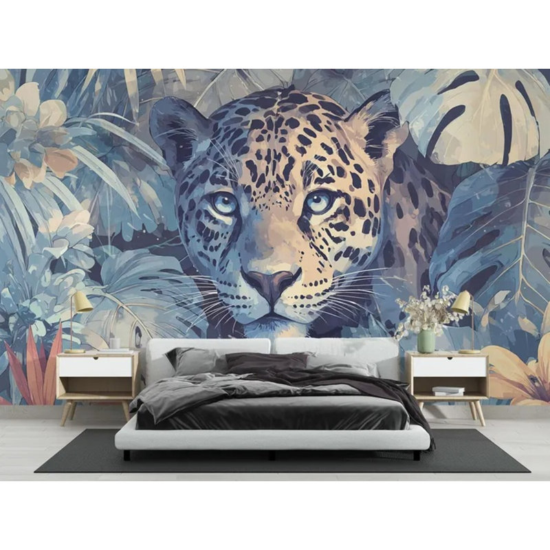 Murale léopard, feuilles tropicales, faune exotique, nature, L 204 po x l 114 po